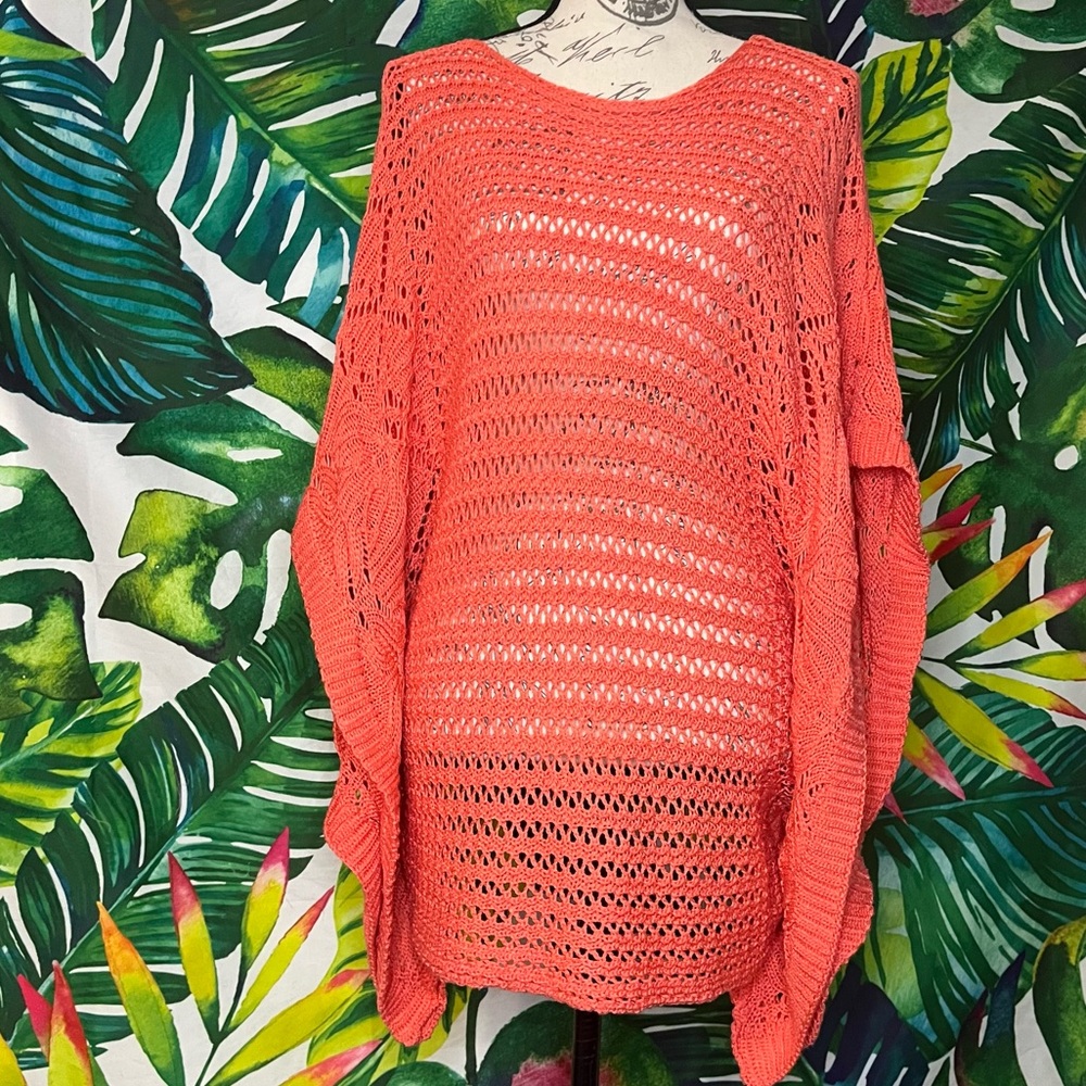 Romeo + Juliet Couture Womens L Sweater Red Orange Sheer Crochet Kimono Spring - Picture 4 of 5